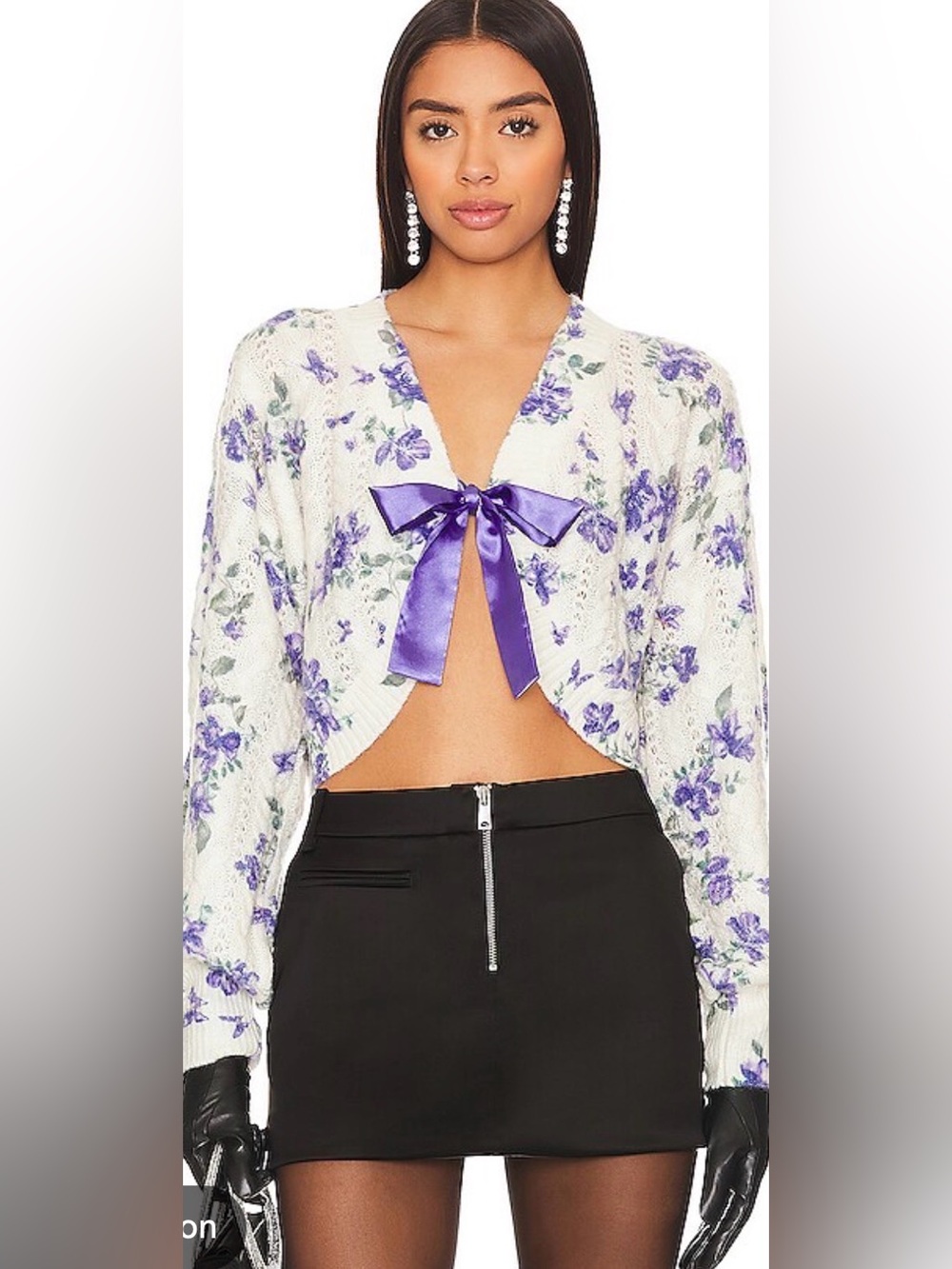 MAJORELLE Luan Floral Wool Blend Cardigan in White And Blue With Satin Bow XS